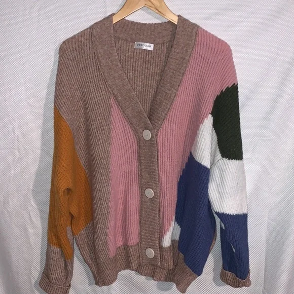 Color Block Button Front Oversized Knit Chunky Sweater Cardigan Slouchy Jacket - Picture 6 of 8